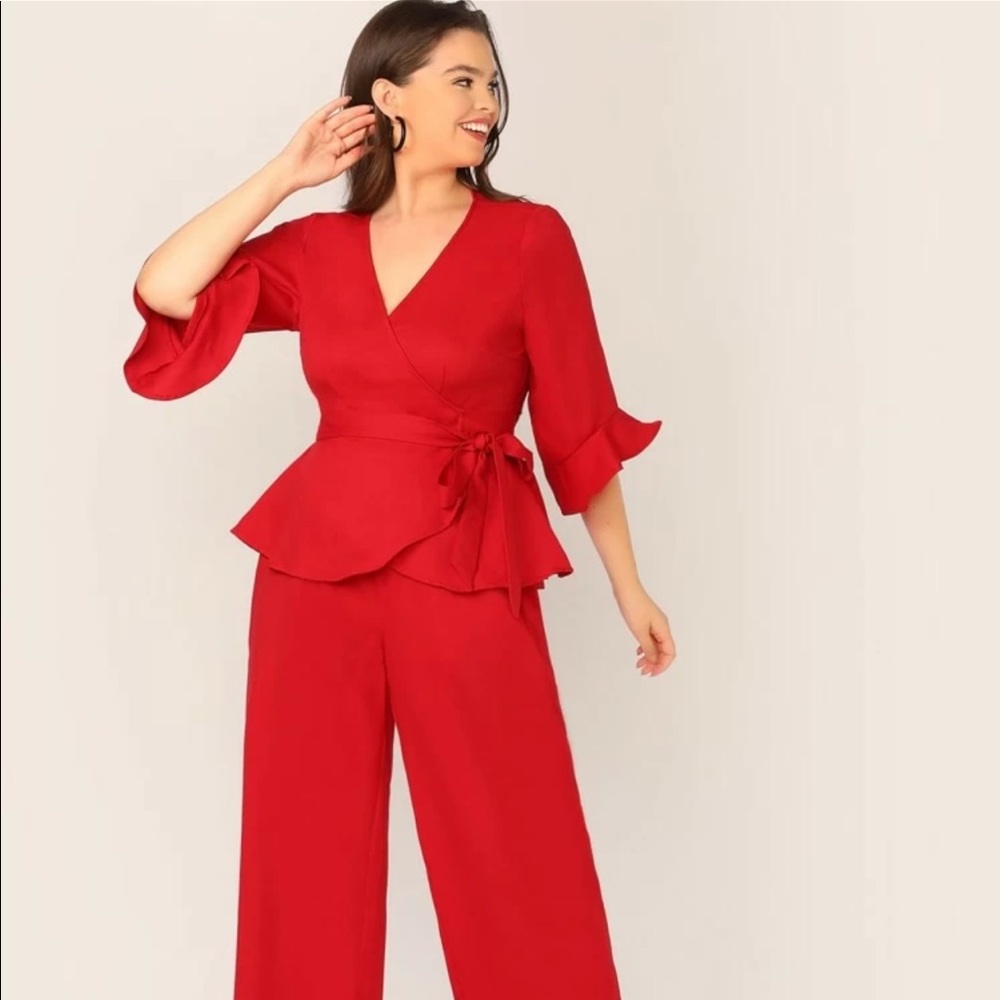 Wrap belted top and wide leg pants